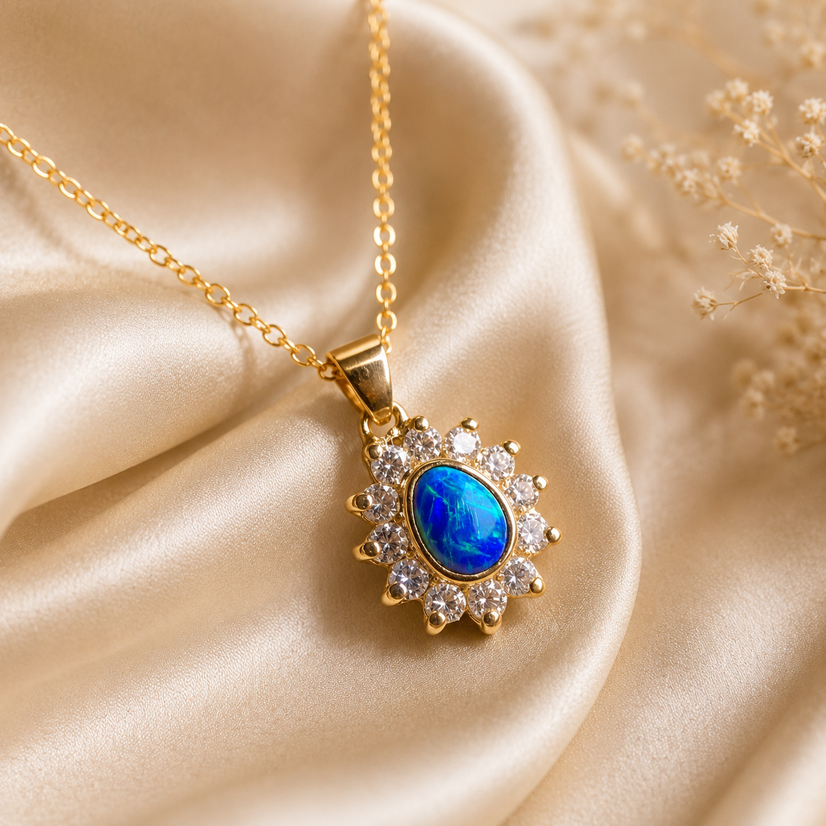 Vibrant sparkling 18K Yellow Gold Black Opal & Diamond Halo Pendant