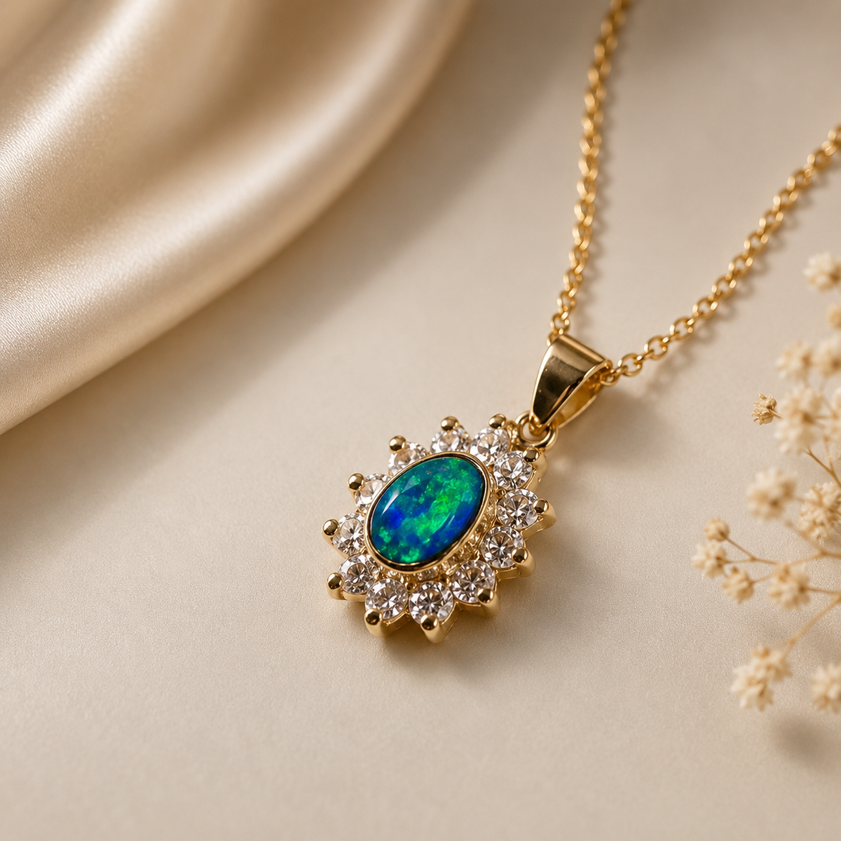 Vibrant sparkling 18K Yellow Gold Black Opal & Diamond Halo Pendant