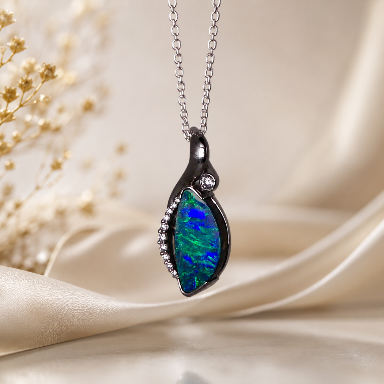 Elegant 18k White Gold Australian Boulder Opal Pendant