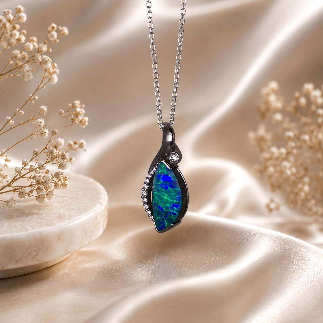 Elegant 18k White Gold Australian Boulder Opal Pendant