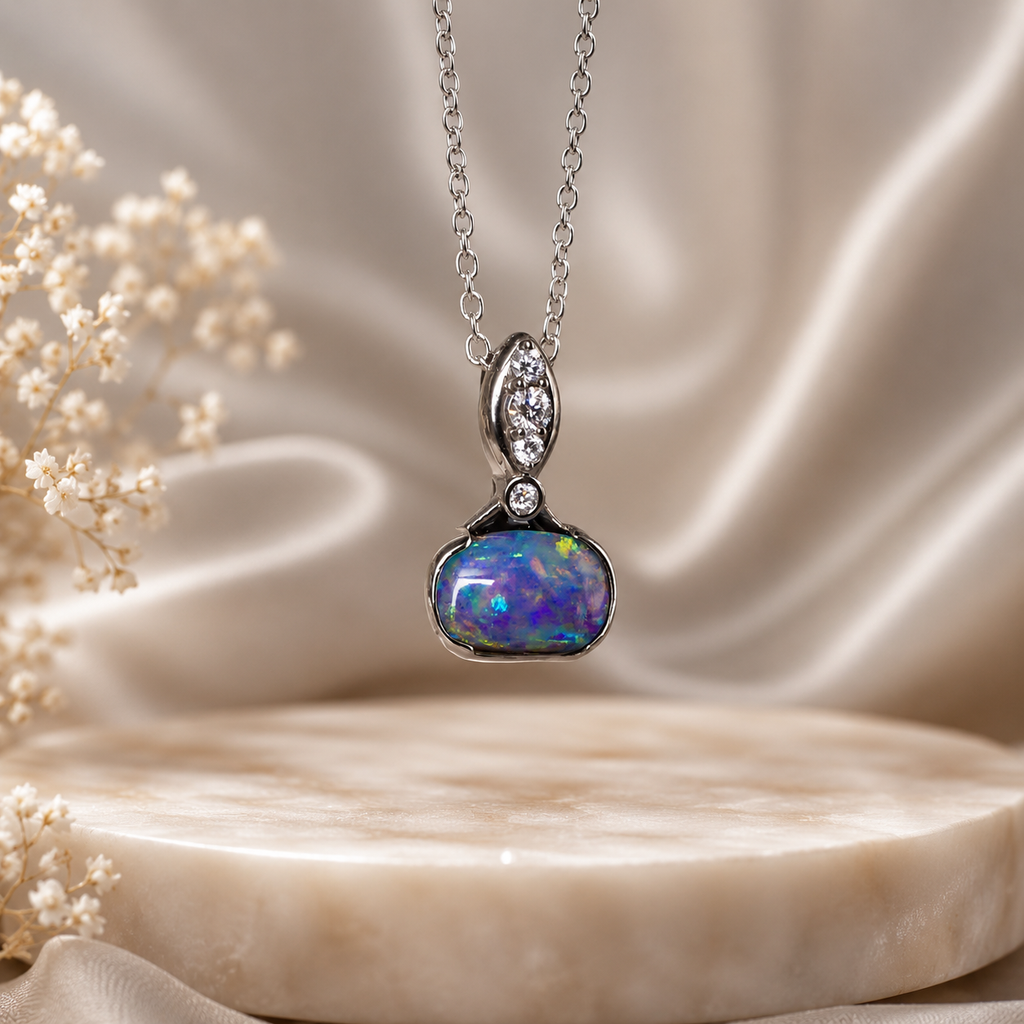 Stunning Rare Australian Boulder Opal 18k White Gold And Diamond Pendant