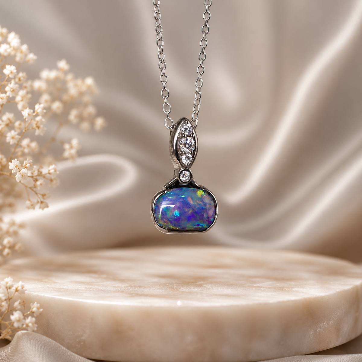 Stunning Rare Australian Boulder Opal 18k White Gold And Diamond Pendant