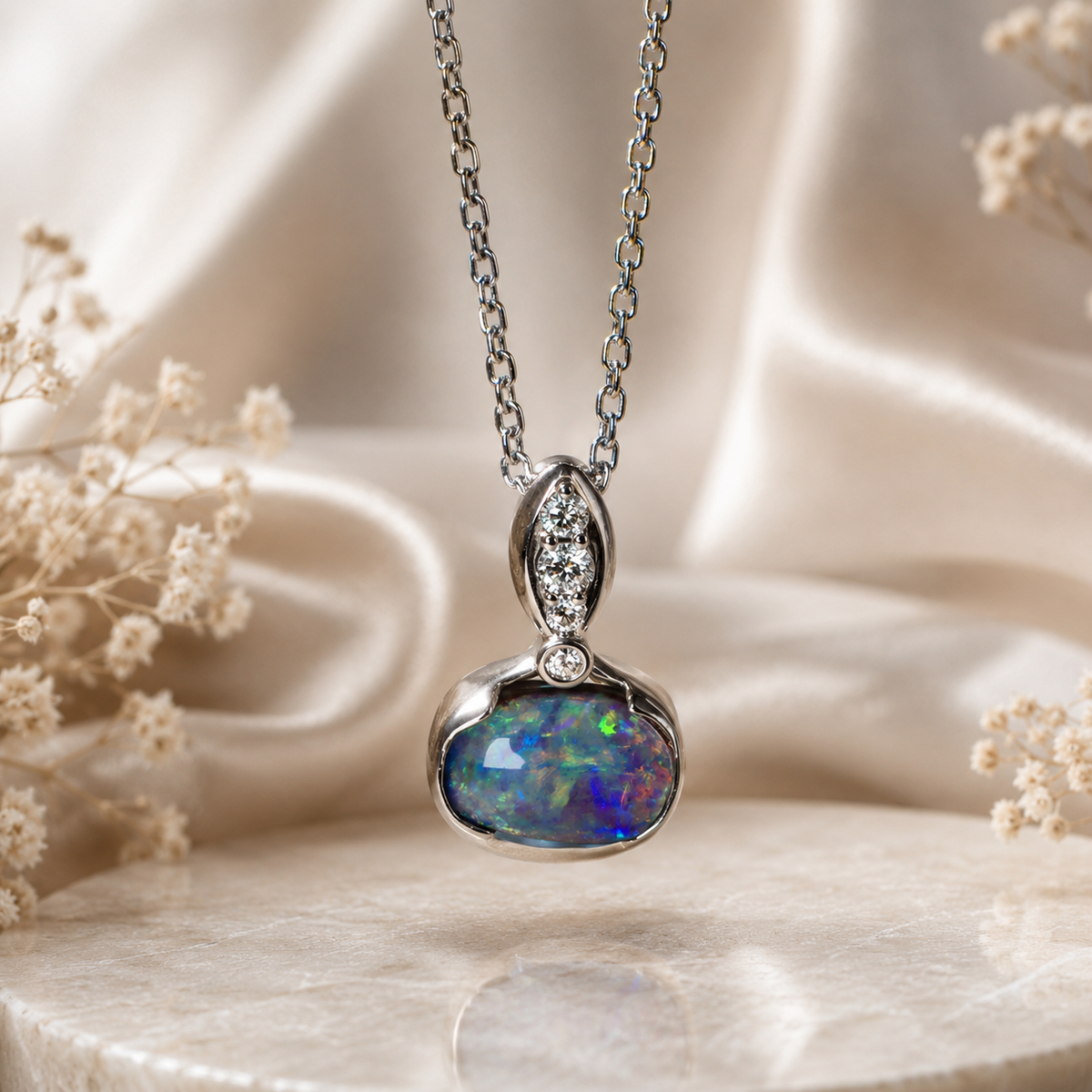 Stunning Rare Australian Boulder Opal 18k White Gold And Diamond Pendant
