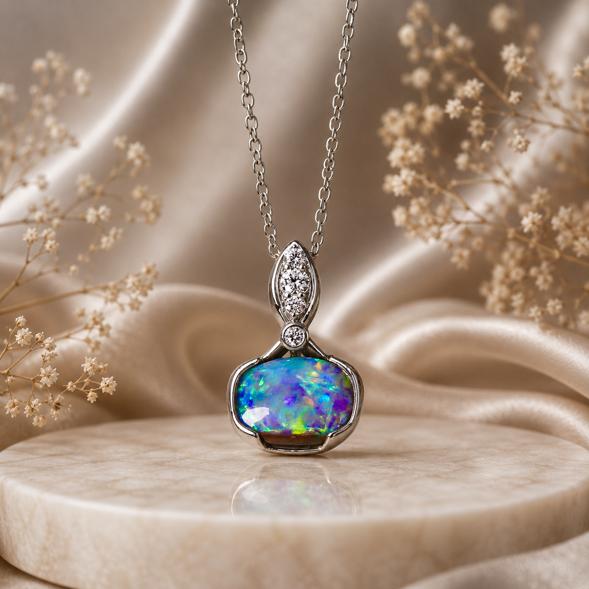 Stunning Rare Australian Boulder Opal 18k White Gold And Diamond Pendant