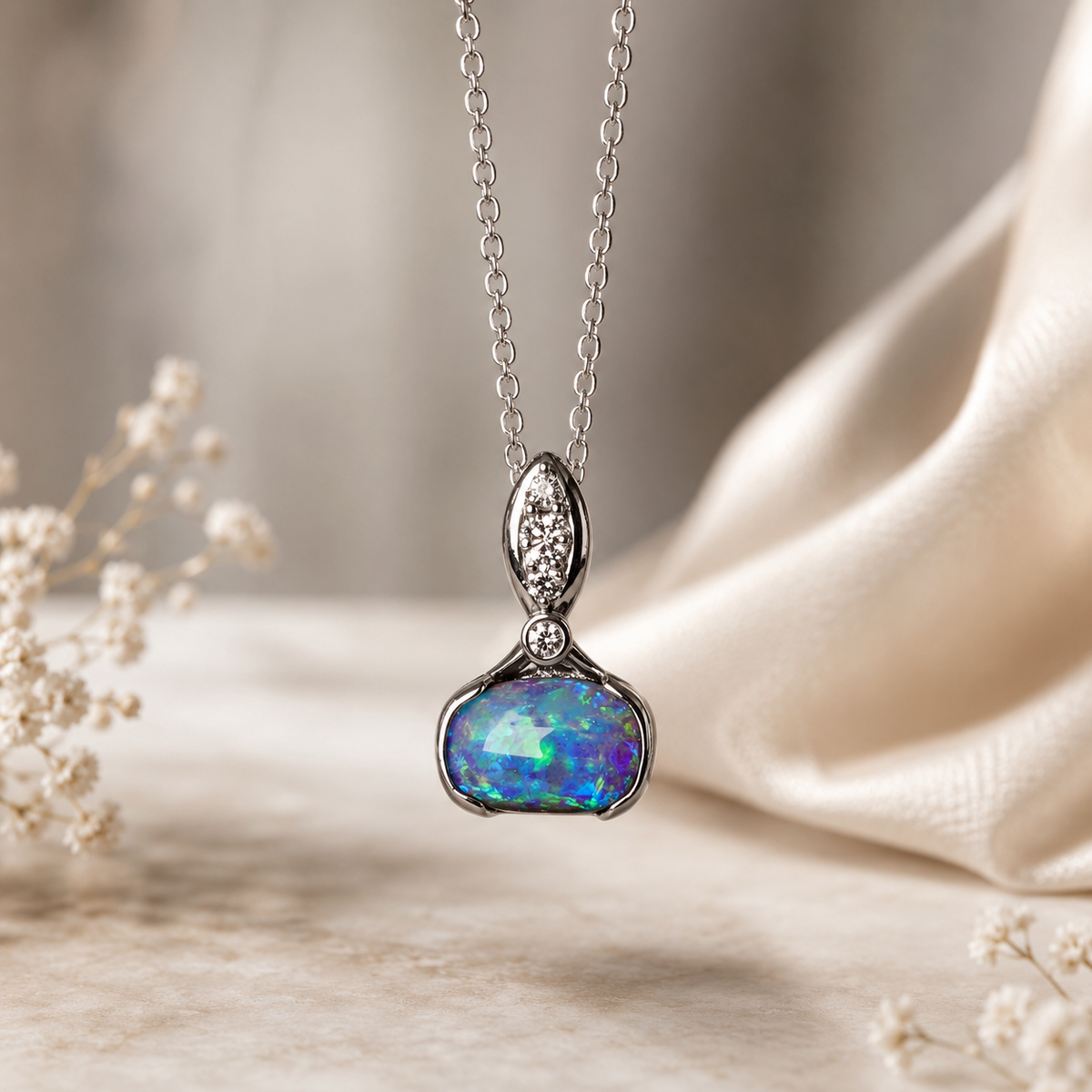 Stunning Rare Australian Boulder Opal 18k White Gold And Diamond Pendant