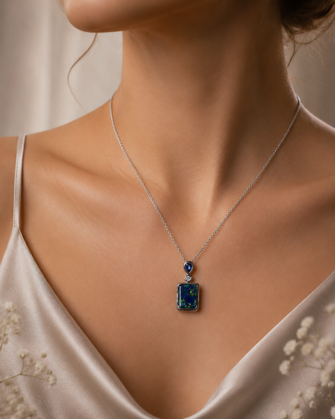 Stunning 18k White Gold Australian Black Opal Pendant