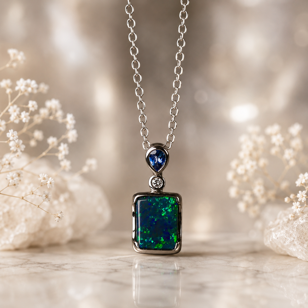 Stunning 18k White Gold Australian Black Opal Pendant
