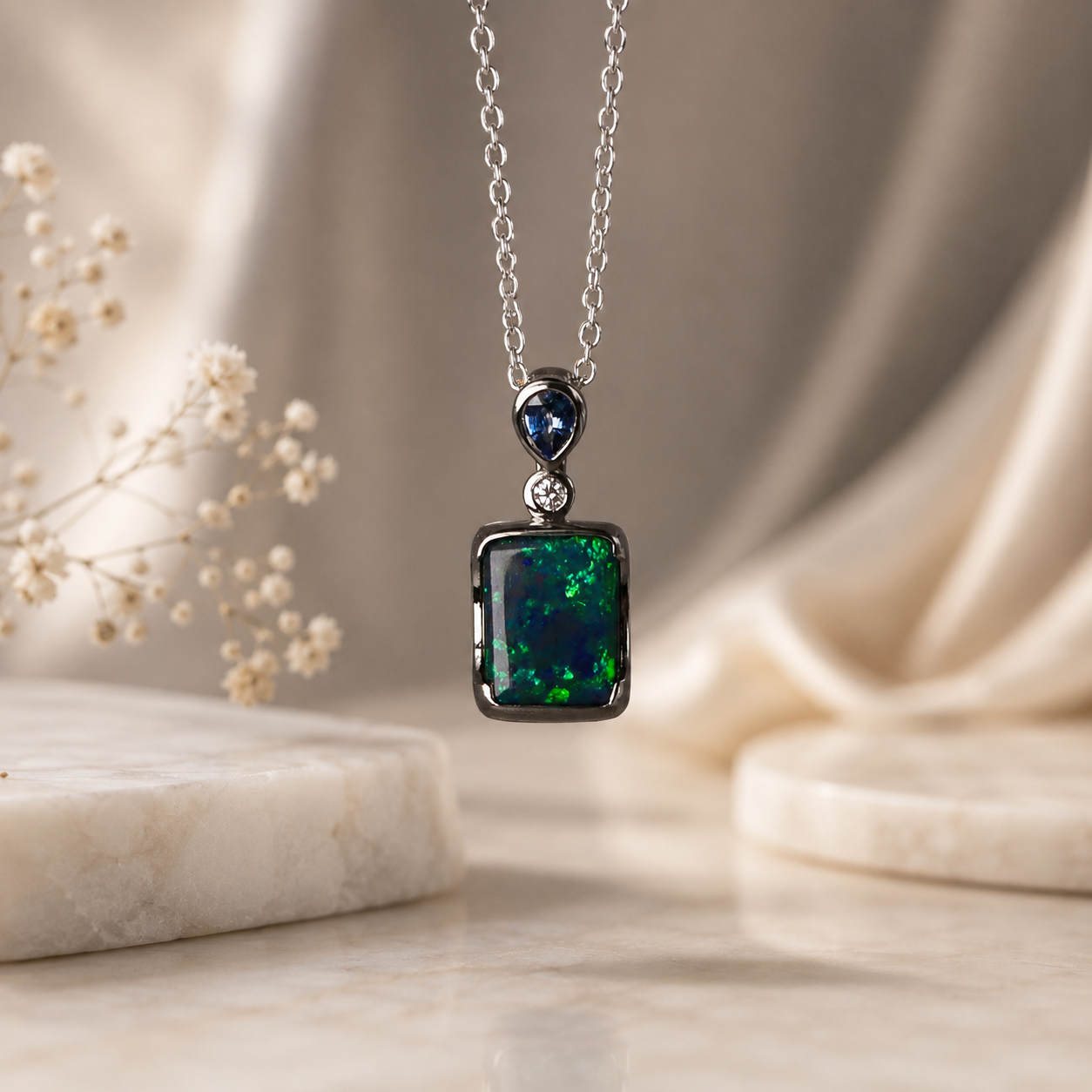 Stunning 18k White Gold Australian Black Opal Pendant