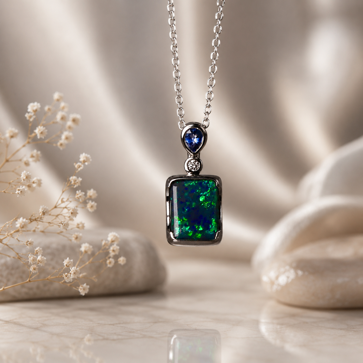 Stunning 18k White Gold Australian Black Opal Pendant