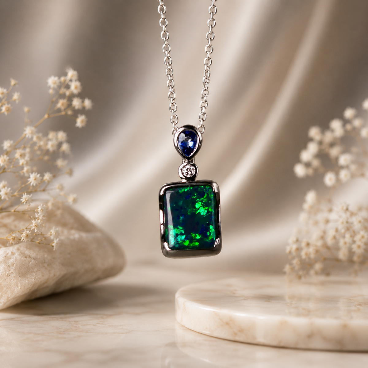 Stunning 18k White Gold Australian Black Opal Pendant