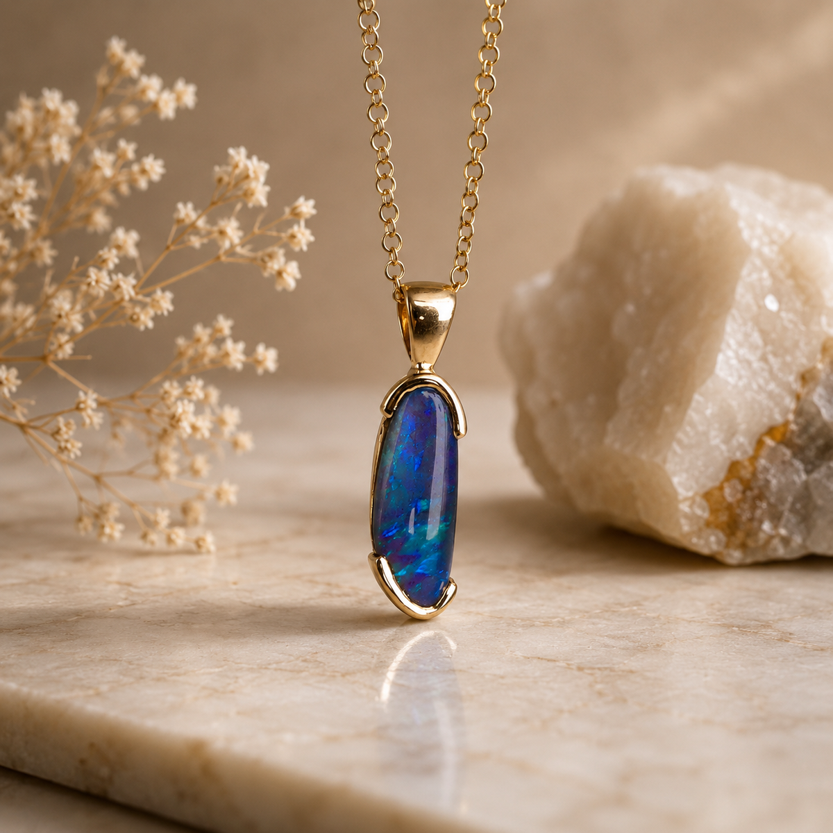 Elegant 9k Gold Lightning Ridge Semi Black Opal Pendant