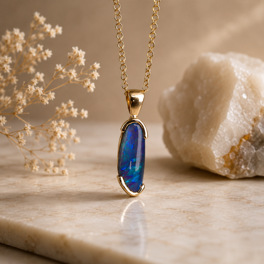 Elegant 9k Gold Lightning Ridge Semi Black Opal Pendant