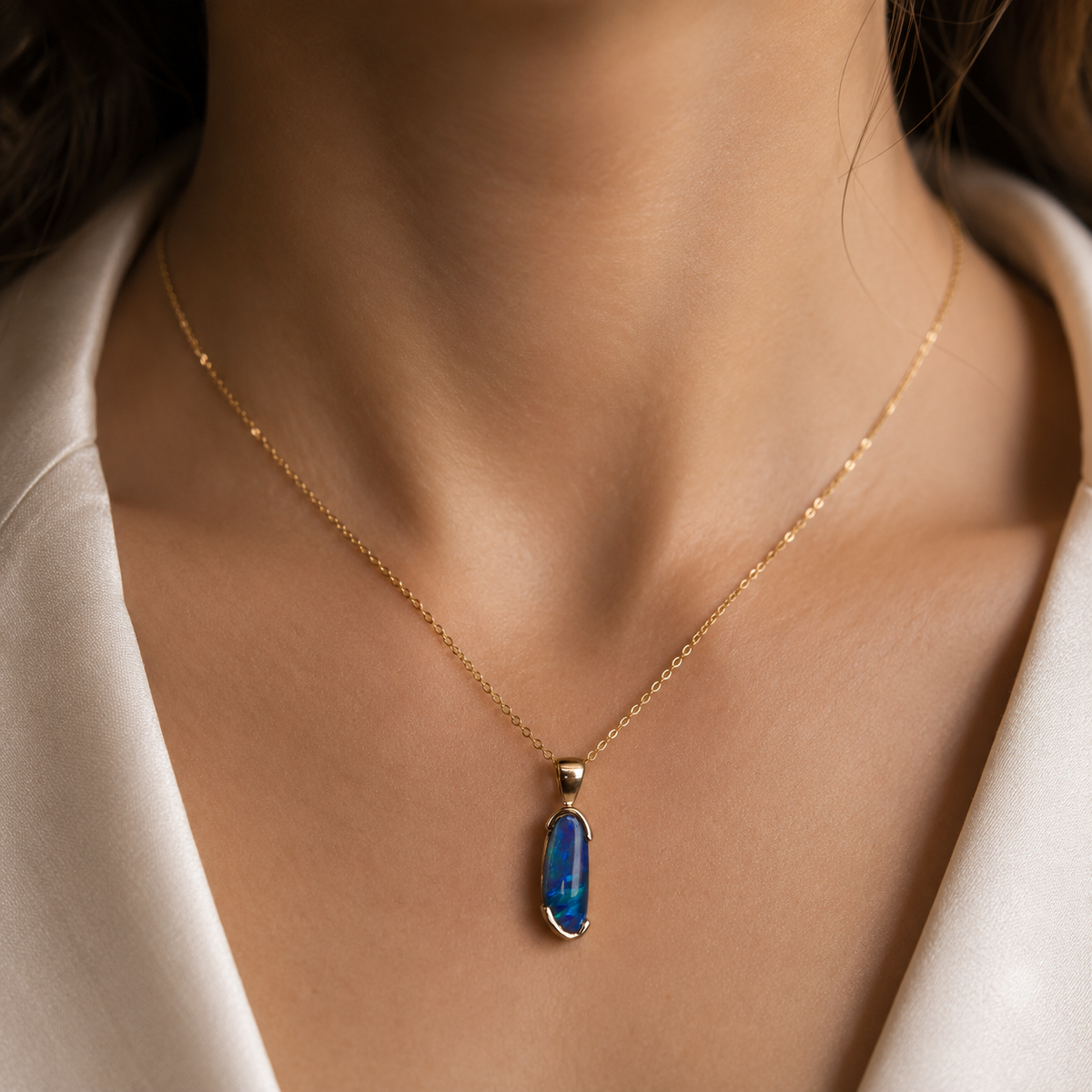 Elegant 9k Gold Lightning Ridge Semi Black Opal Pendant