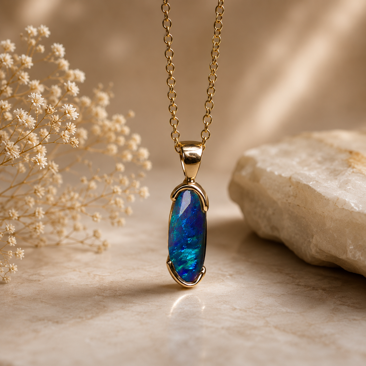 Elegant 9k Gold Lightning Ridge Semi Black Opal Pendant