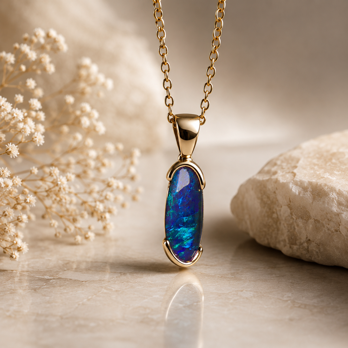 Elegant 9k Gold Lightning Ridge Semi Black Opal Pendant