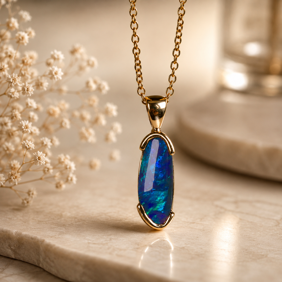Elegant 9k Gold Lightning Ridge Semi Black Opal Pendant