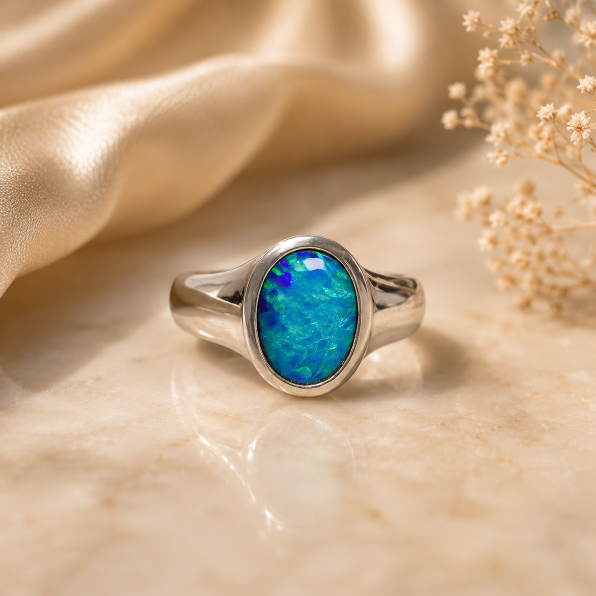 Lightning Ridge Mens Sterling Silver Doublet Signet Ring