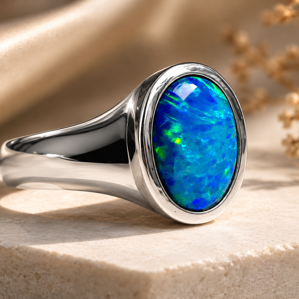 Lightning Ridge Mens Sterling Silver Doublet Signet Ring