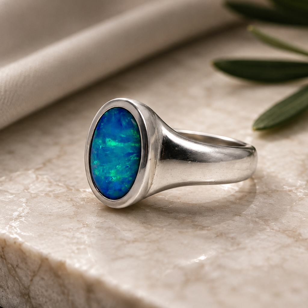 Silver ring with a blue stone on a marble surface with olive leaves