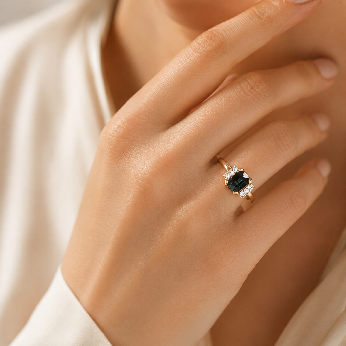 Close-up of a hand wearing a ring with a blue gemstone on a neutral background