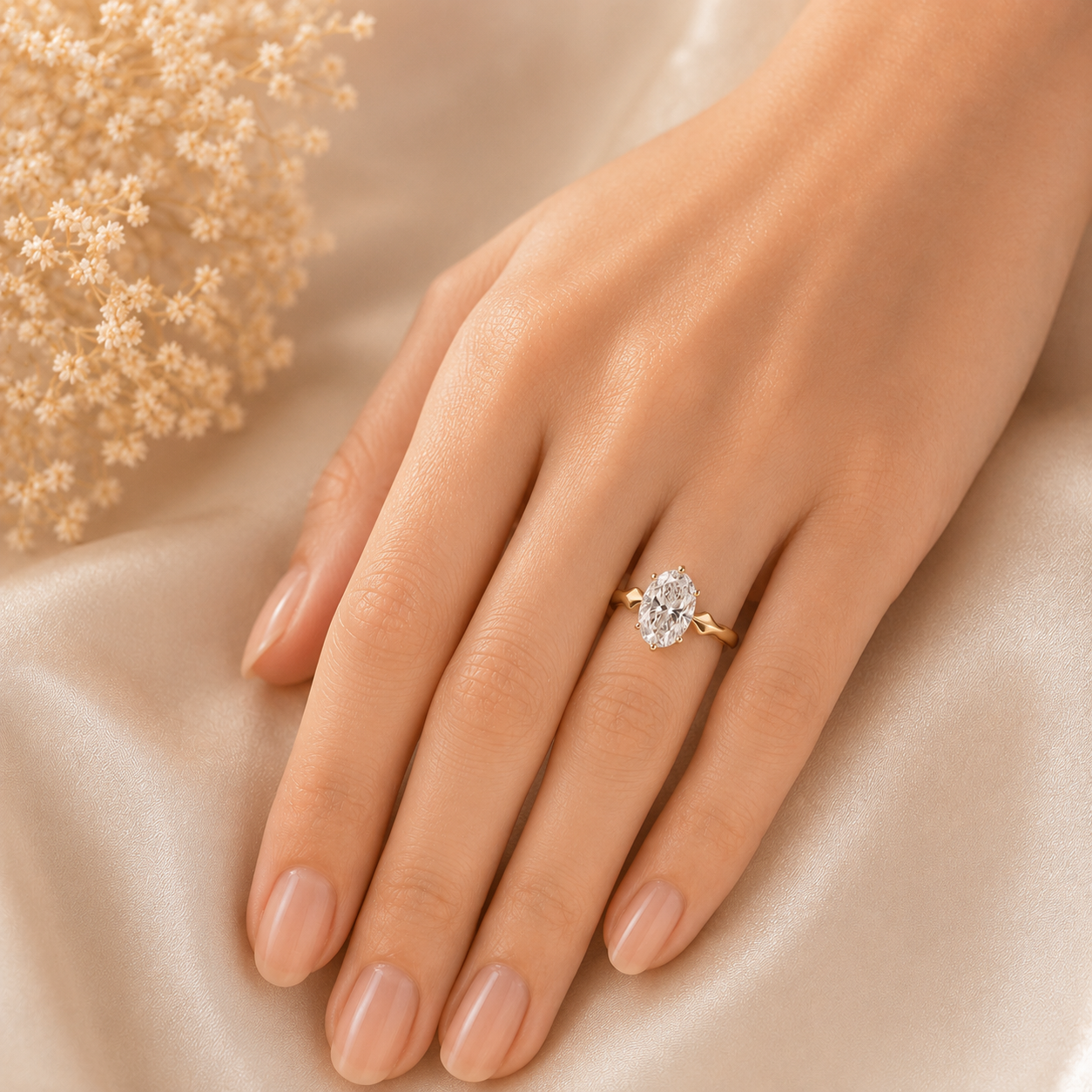 Hand wearing a diamond ring on a soft fabric background