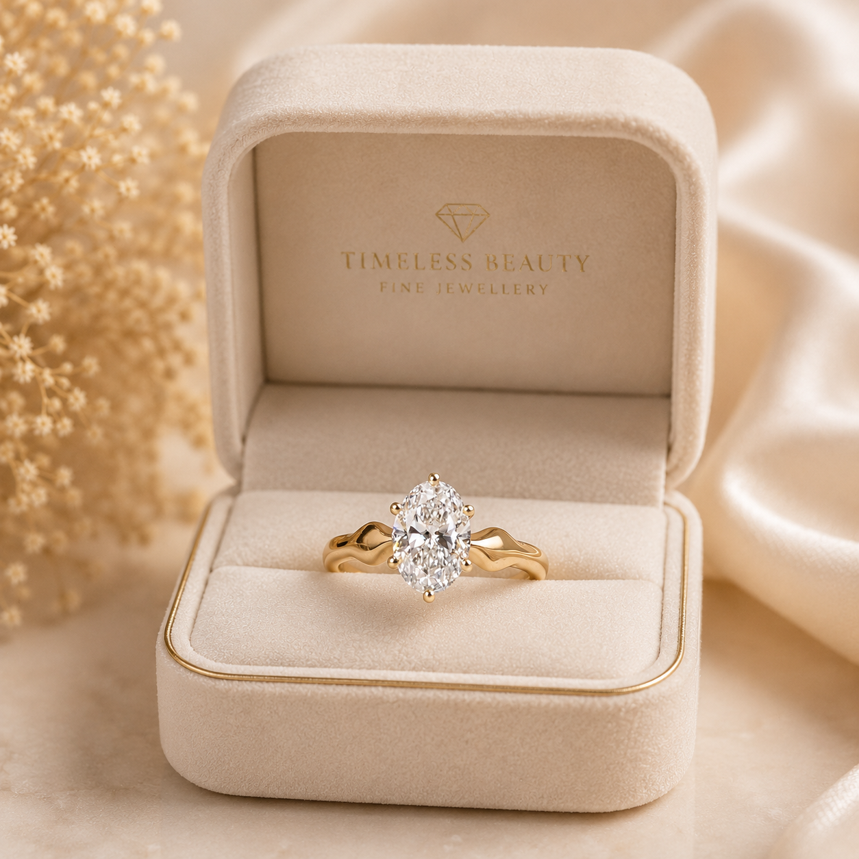 Gold ring with a diamond in a 'Timeless Beauty' jewelry box.