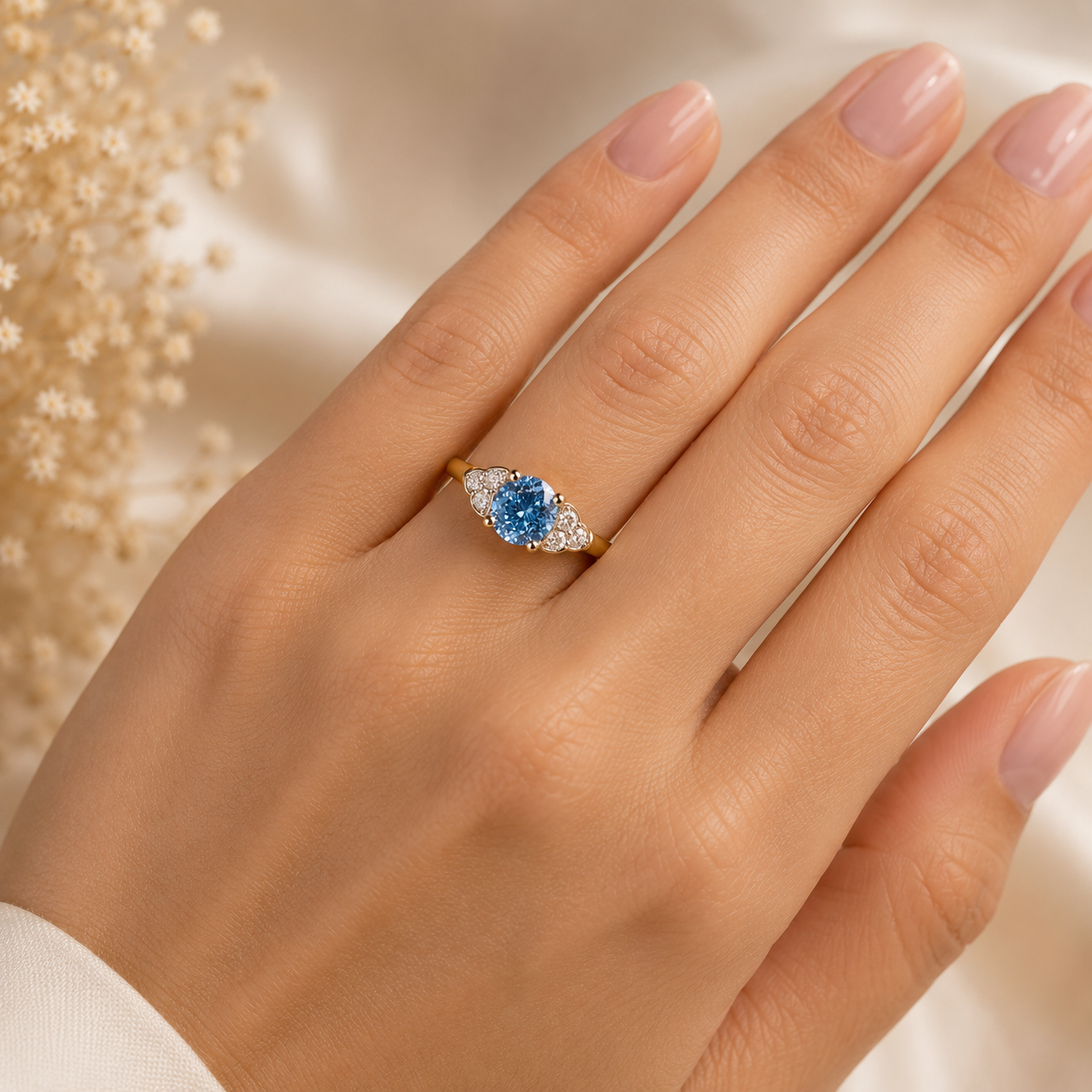 Hand wearing a ring with a blue gemstone against a soft background