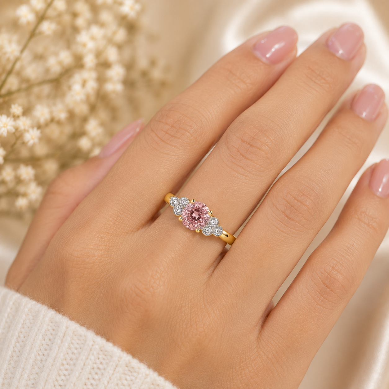 Gold ring with a pink gemstone on a hand with blurred flowers in the background