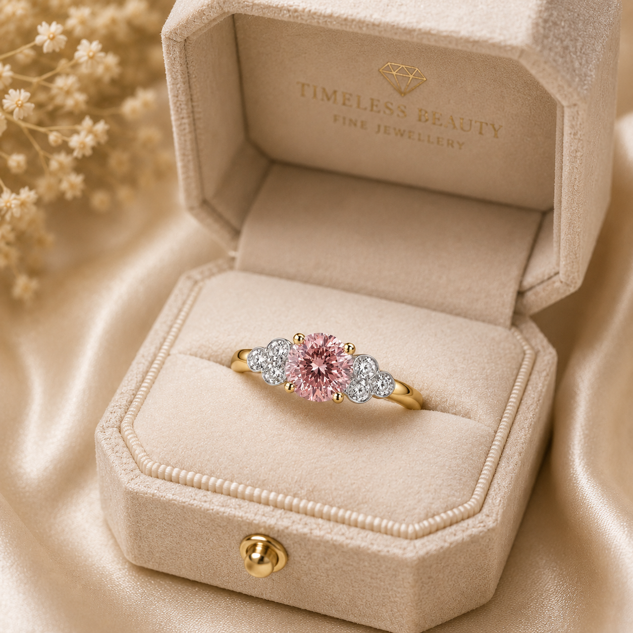 Pink diamond ring in a 'Timeless Beauty' jewelry box on a beige fabric background