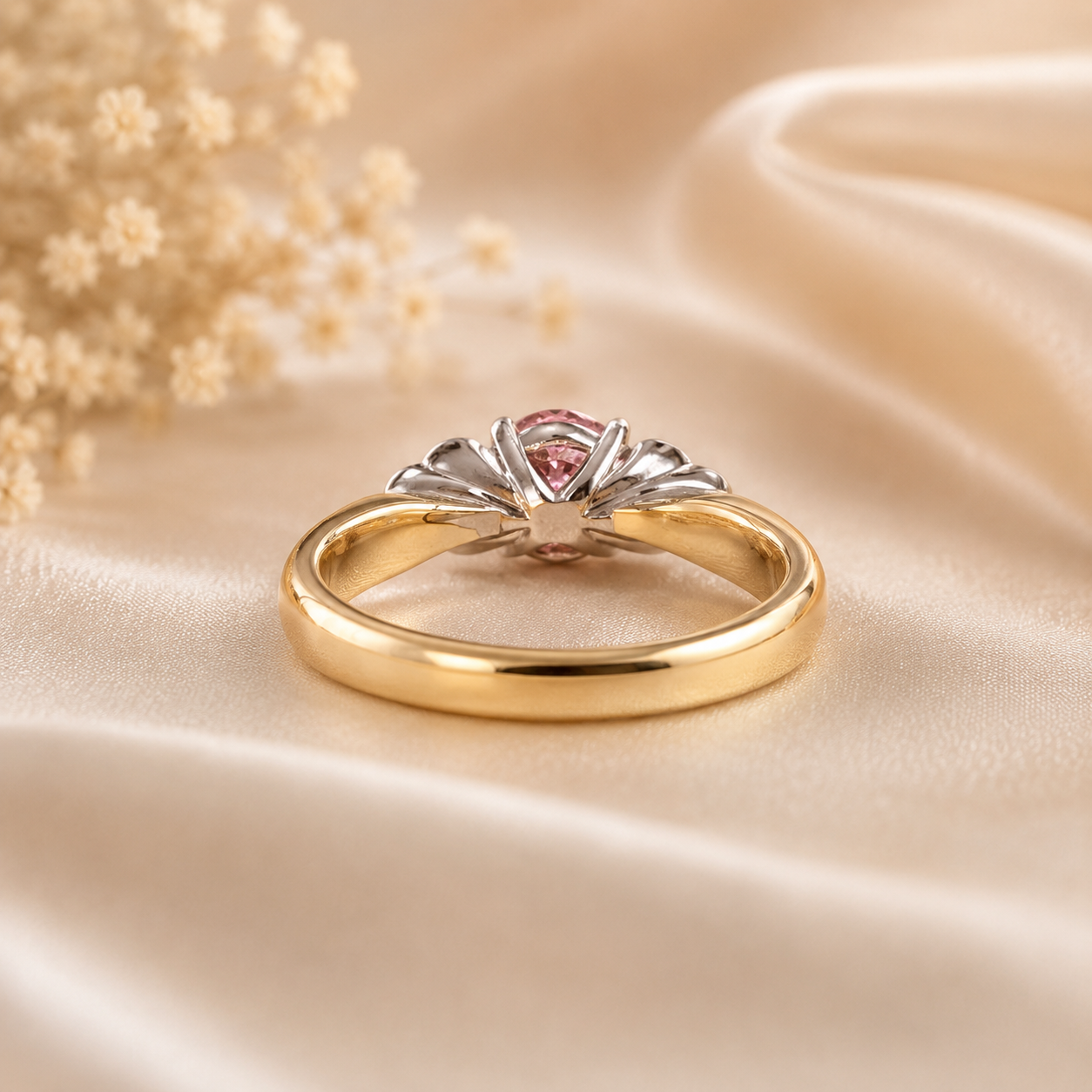 Gold and silver ring with a pink gemstone on beige fabric
