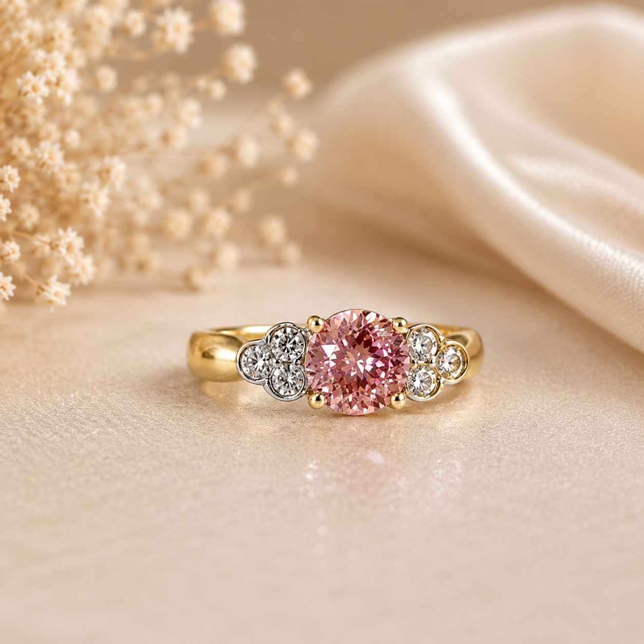 Gold ring with a pink gemstone on a soft beige background