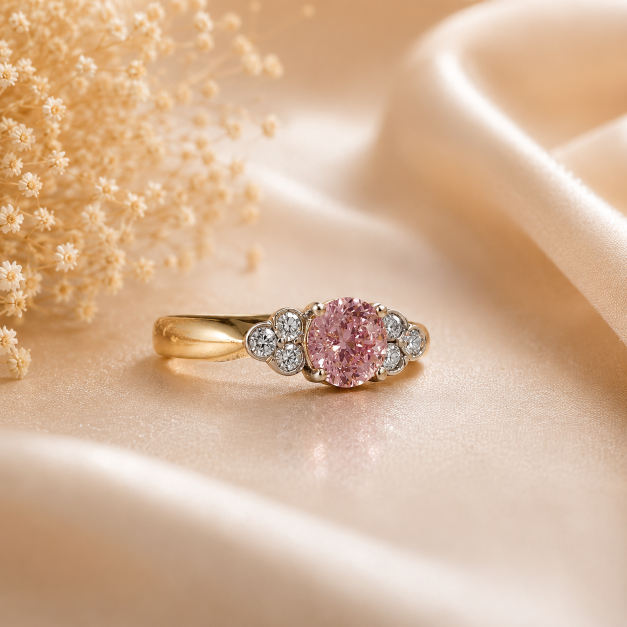 Gold ring with a pink gemstone on a soft beige fabric background