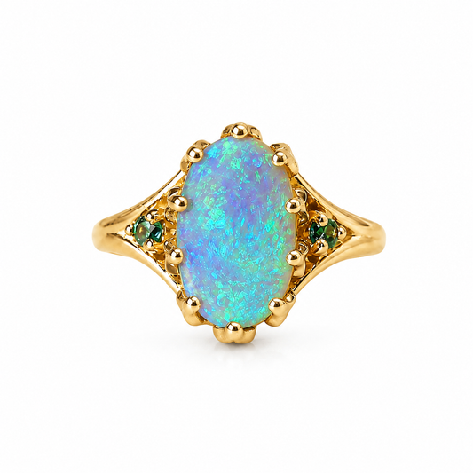 Stunning 10K Gold Australian Crystal Opal & Sapphire Ring