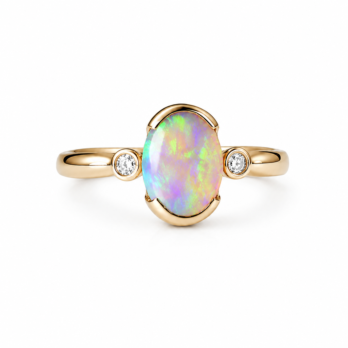 Stunning 10K Gold Australian Crystal Opal & Diamond Ring