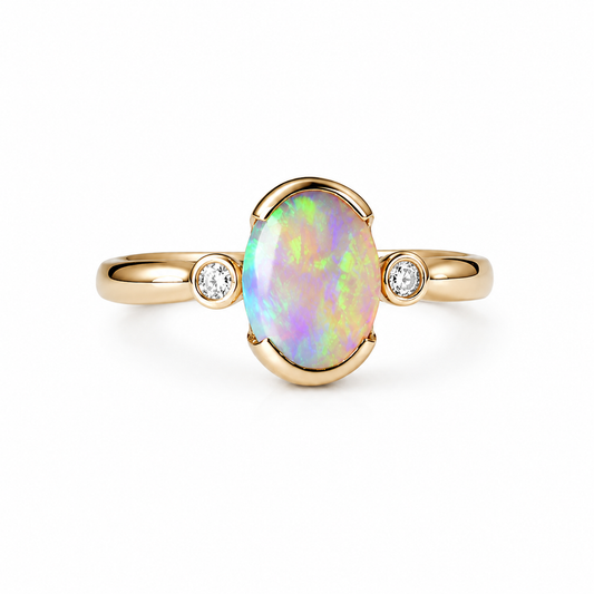Stunning 10K Gold Australian Crystal Opal & Diamond Ring