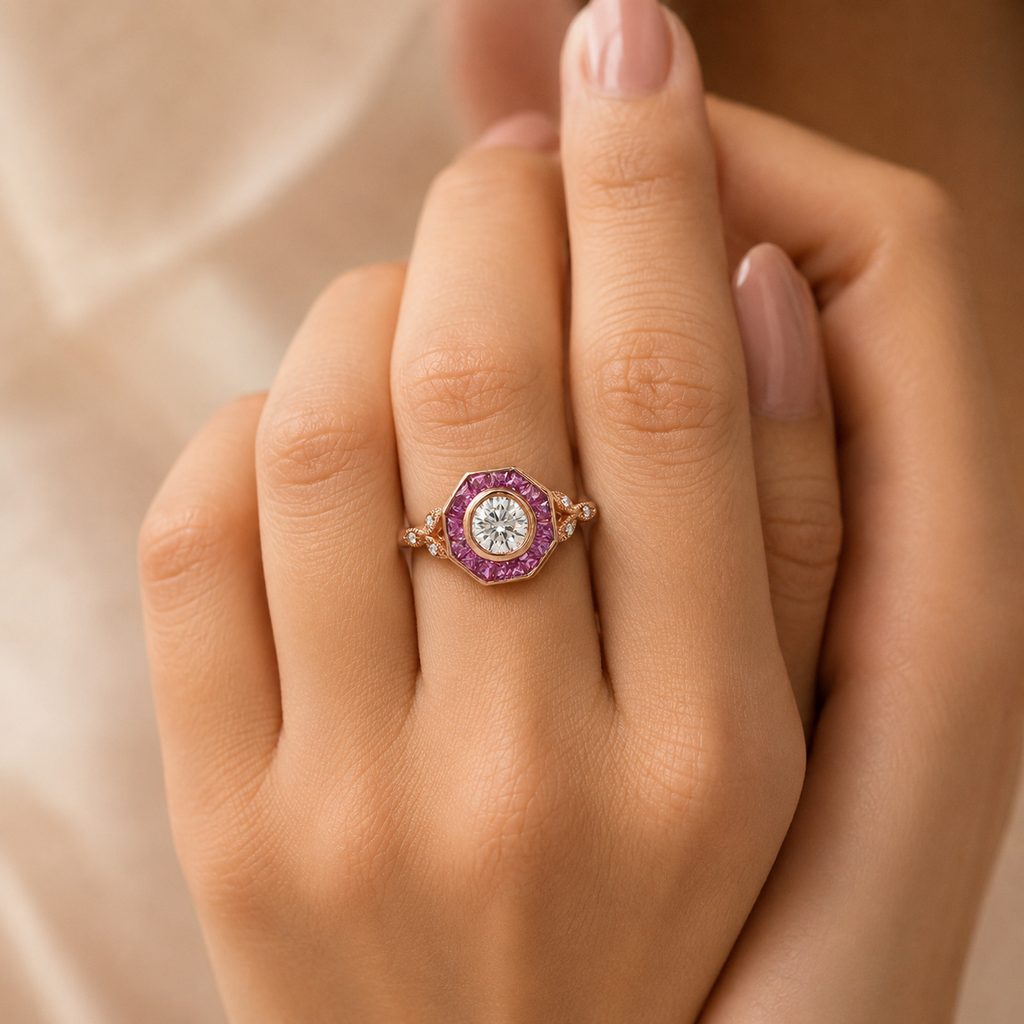 9k Rose Gold Moissenite And Ruby Ring