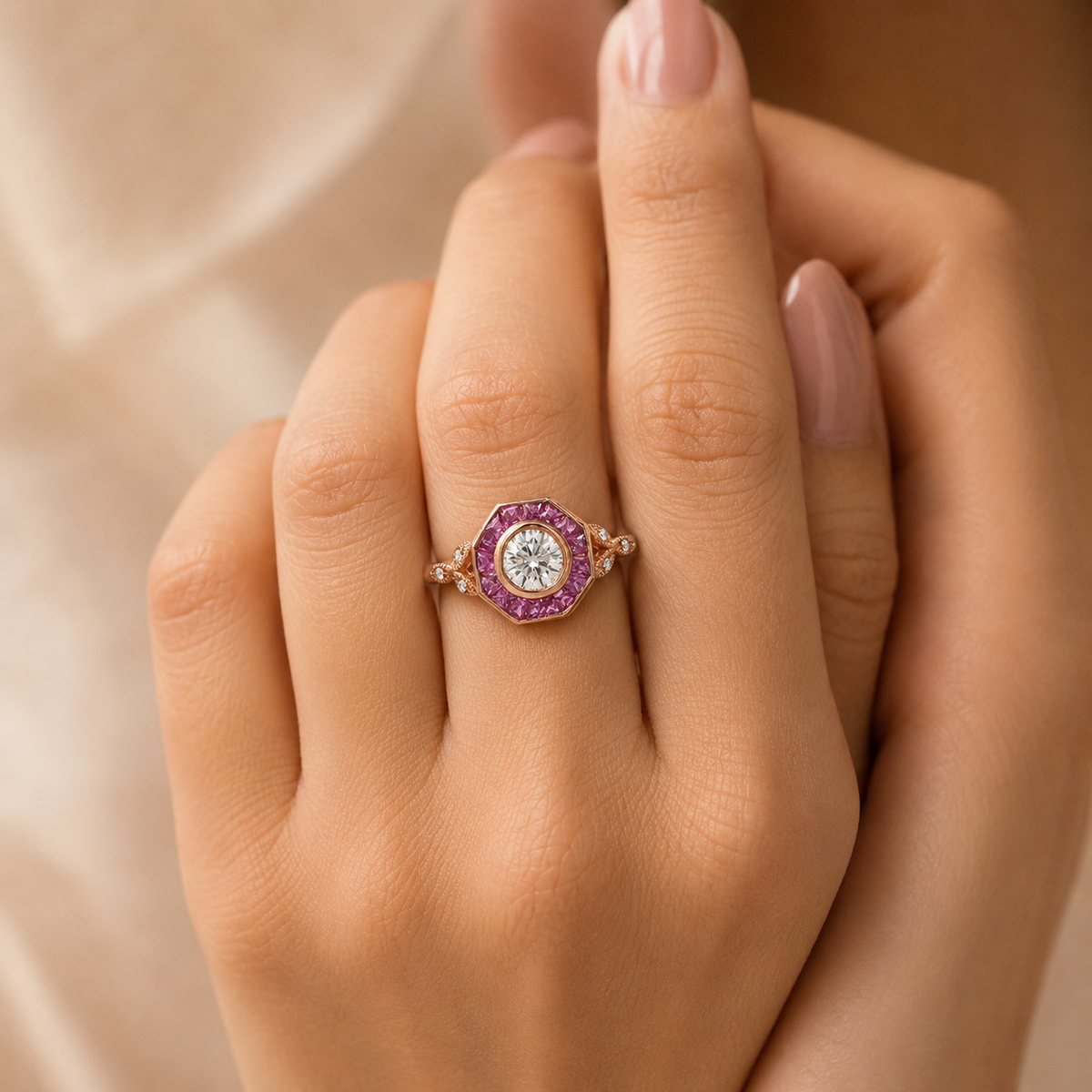 9k Rose Gold Moissenite And Ruby Ring