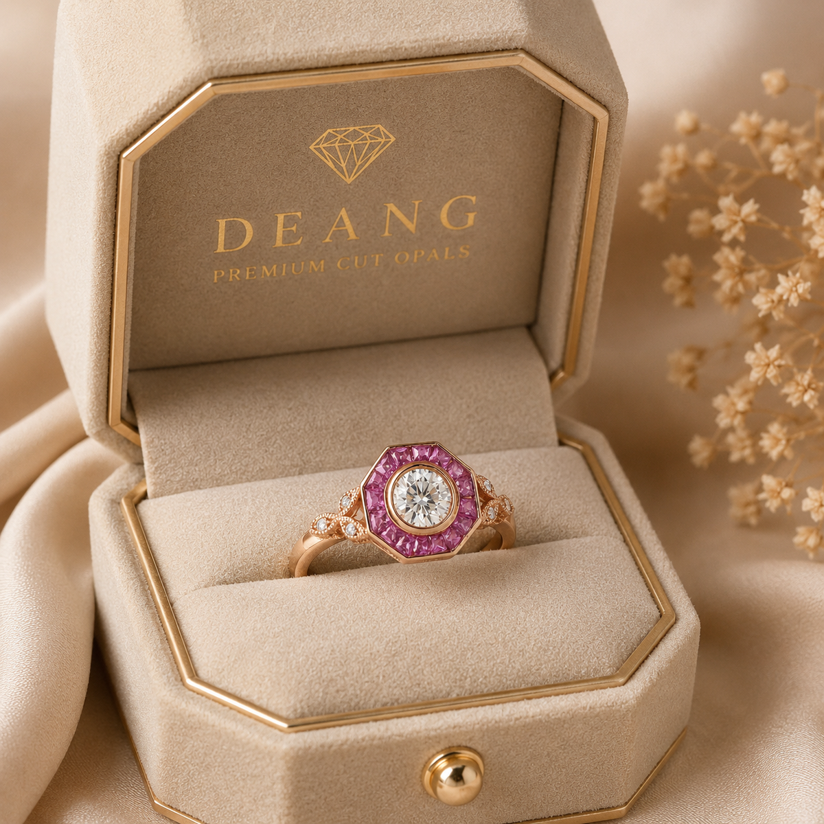 9k Rose Gold Moissenite And Ruby Ring