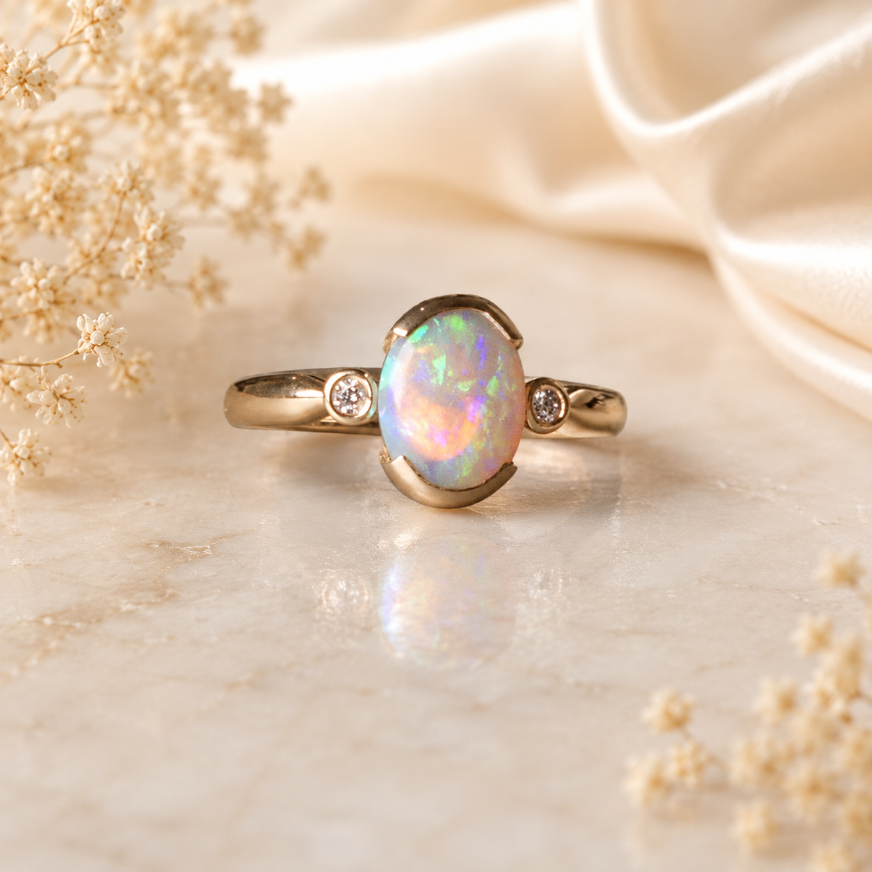 Gold ring with a colorful gemstone on a soft beige fabric background