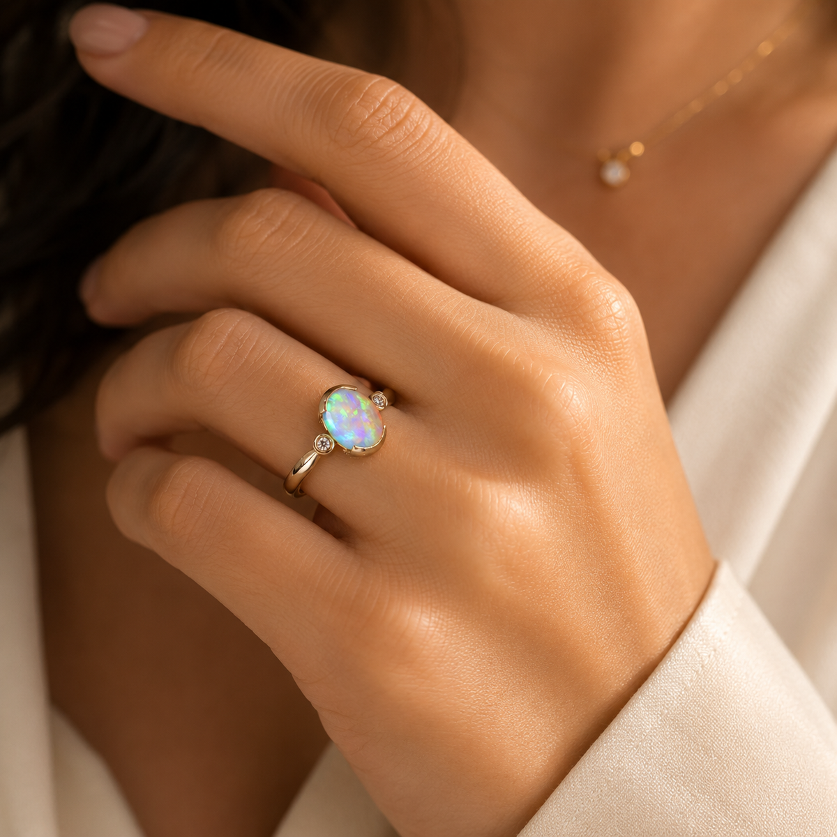 Close-up of a hand wearing an opal ring with a blurred background