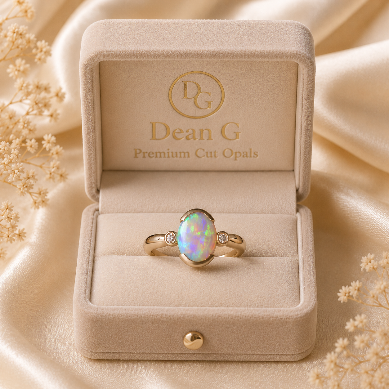 Gold ring with opal stone in a Dean G jewelry box on a soft beige fabric background