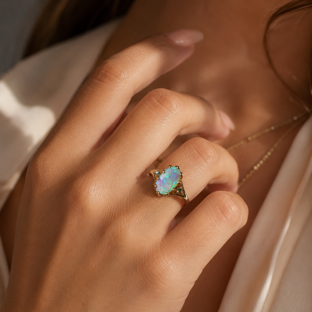 Stunning 10K Gold Australian Crystal Opal & Sapphire Ring