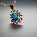 Experience the captivating allure of this handcrafted 18K Yellow Gold Opal &amp; Diamond Halo Pendant. With a striking Lightning Ridge opal showcasing a rare and sought-after script pattern consisting of blue, green, and gold tones, complemented by radiant diamonds, this necklace is a sophisticated and essential piece for any collection.

Origin- Lightning Ridge Australia

Opal Weight- 1ct Australian Lightning Ridge Semi Black Opal

Setting- 18k Yellow Gold Bezel set, claw set Diamond Halo
