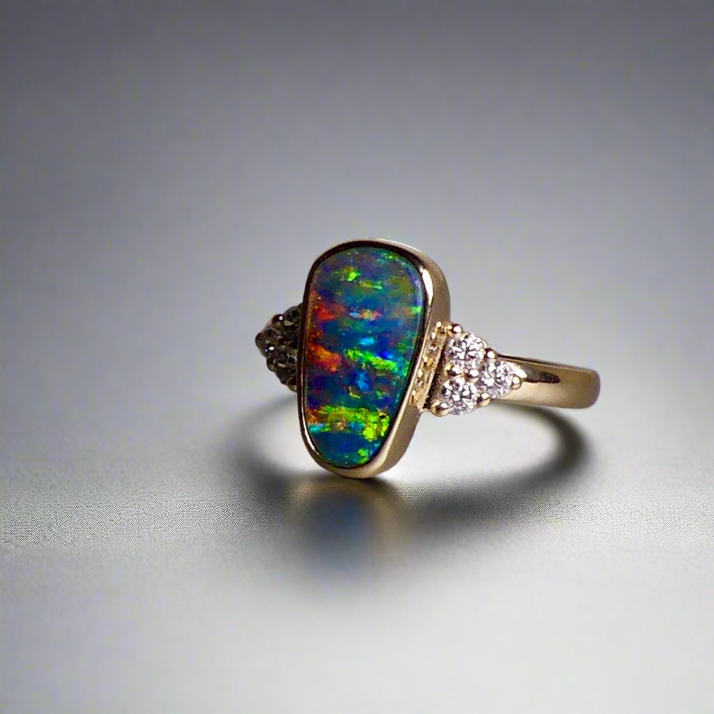Expertly crafted, this stunning ring features a rare Australian gem boulder opal set in 14k gold and adorned with sparkling diamonds. The unique combination of precious materials and meticulous design makes this ring a one-of-a-kind piece, perfect for any special occasion or as a luxurious addition to any jewelry collection.

Origin- Queensland Australia

Opal Weight- 2.2ct Gem Australian Boulder Opal

Accent Stones- Natural Diamonds

Setting- 14K Gold Bezel Set

Size- 7 1/2 us
