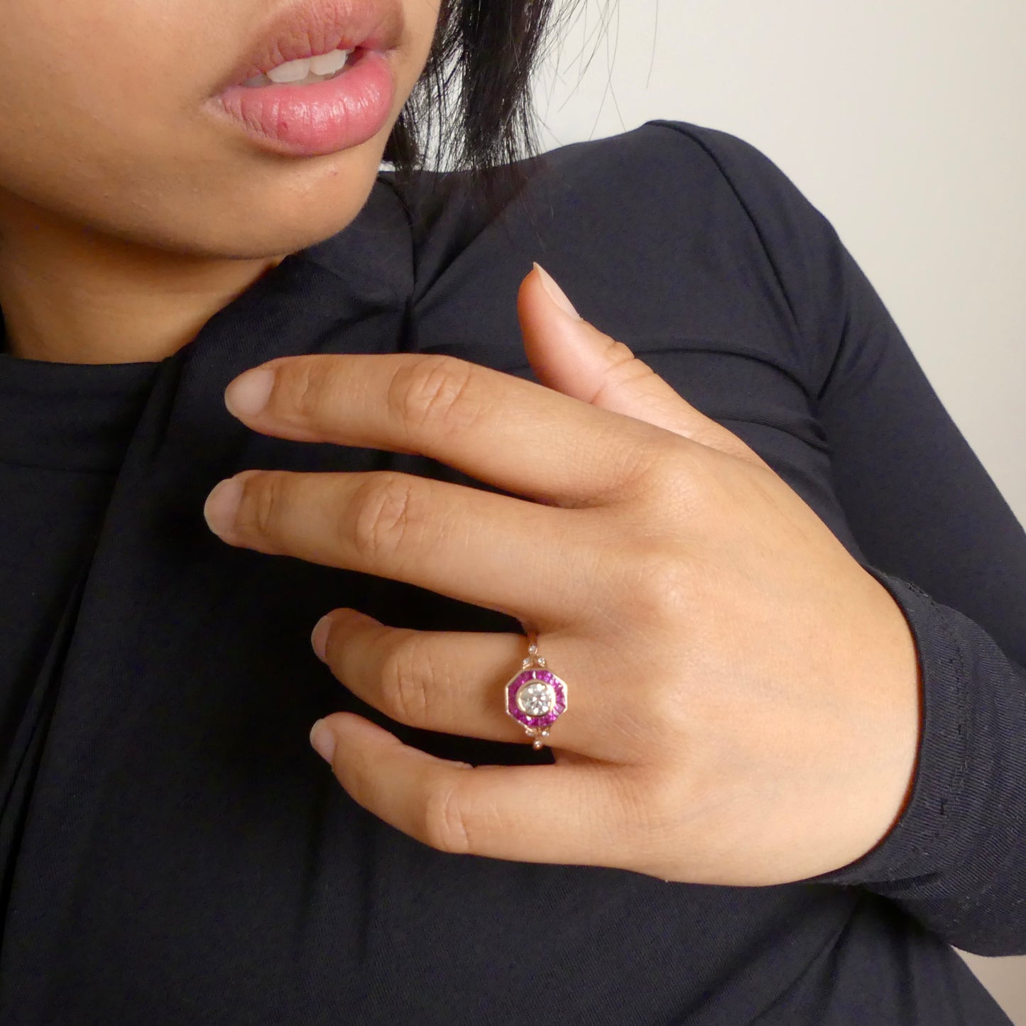 9k Rose Gold Moissenite And Ruby Ring