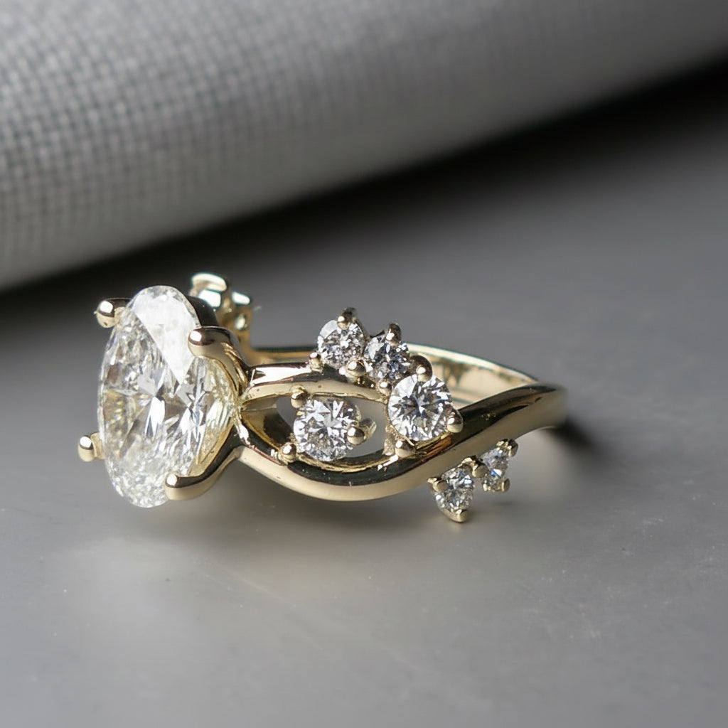 Gold ring with a large diamond and smaller diamonds on a gray background