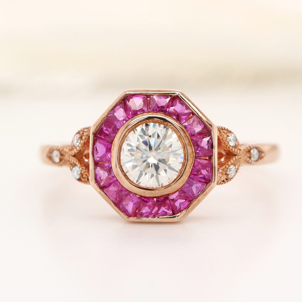 9k Rose Gold Moissenite And Ruby Ring