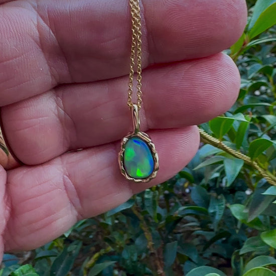 Uncover the stunning Australian opal beauty of our 9k Gold Lightning Ridge Opal pendant. Featuring a unique lava-inspired handcrafted design with green, blue, and gold tones, this high-quality masterpiece is a lasting addition to your collection.

Origin- Ethically Mined in Lightning Ridge Australia

Opal Weight- 1.5ct Lightning Ridge Crystal Opal

Setting- 9k Gold Lava inspired custom design

Chain- 9k Gold Cable Chain 45cm in Length

Treatments- None- 100% Solid Australian Opal
